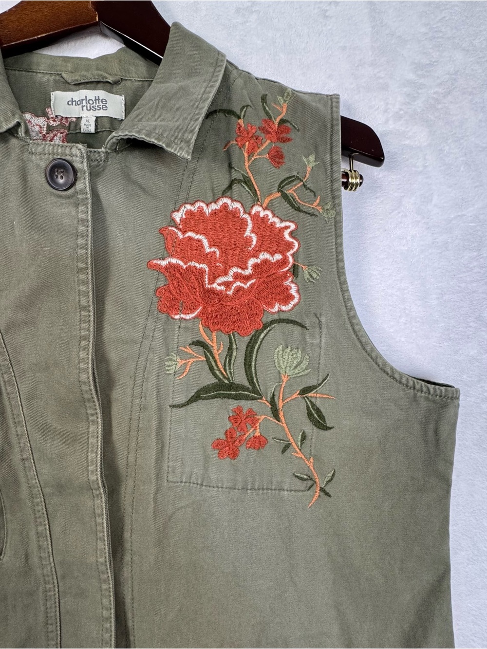 Charlotte Russe Floral Embroidered Utility Vest L Olive Green Y2K - Picture 7 of 12